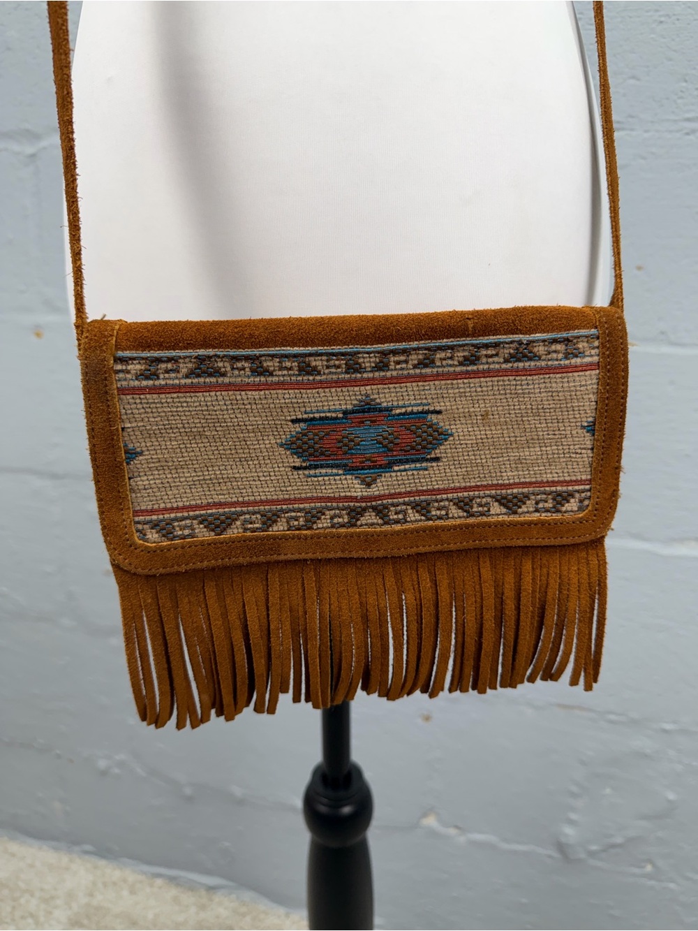 Minnetonka Suede Fringe Embroidered Small Crossbody Flap Button Snap Bag Purse